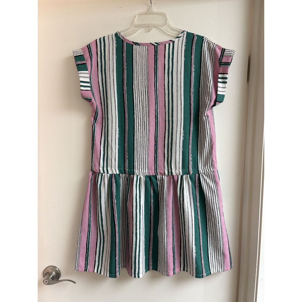 Retro Mod Pink Green Stripe Resort Mini Dress S Babydoll Drop Waist Pocket Twee - Picture 7 of 7
